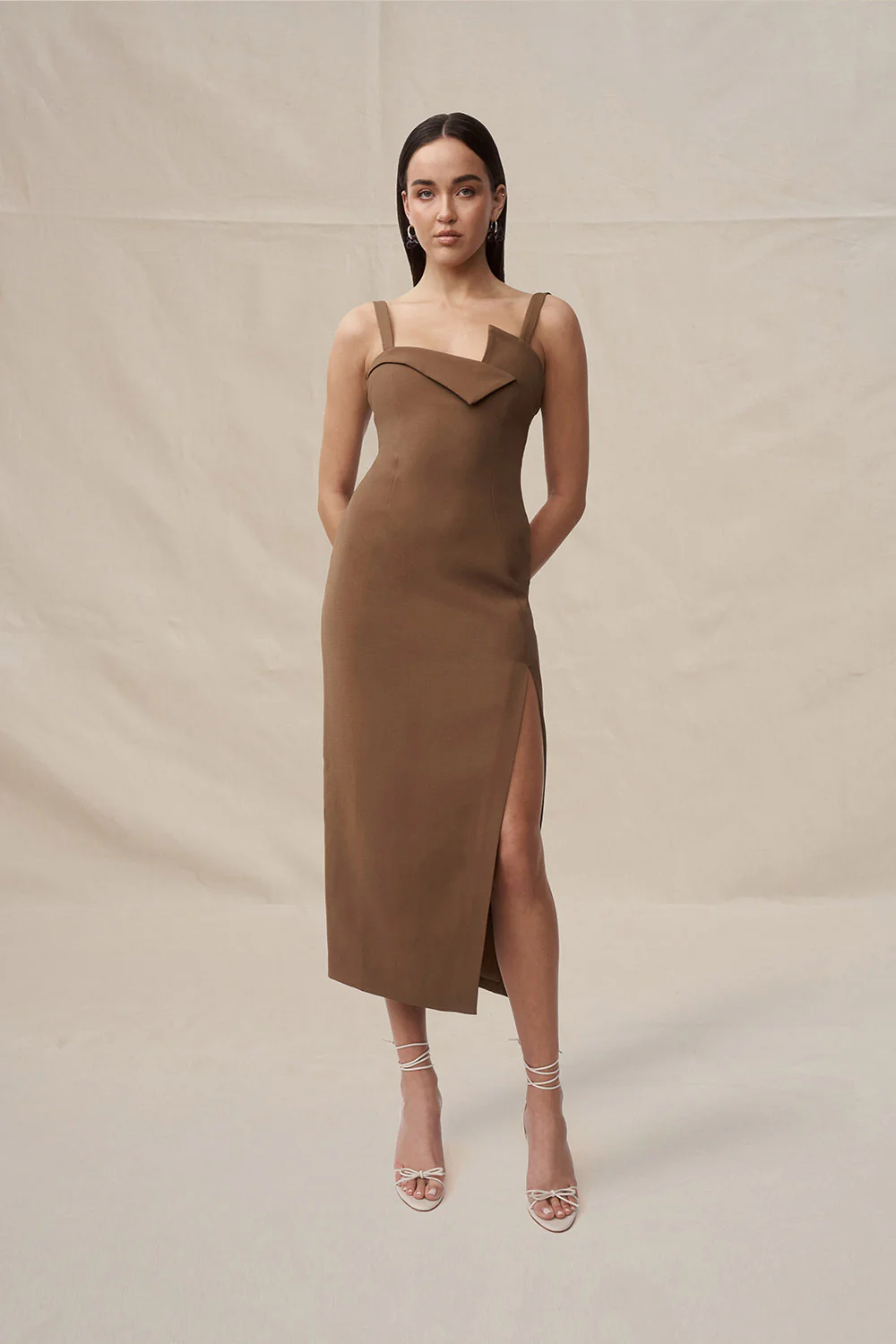 Phillipa Fold Contrast Midi Dress - Chocolate Brown